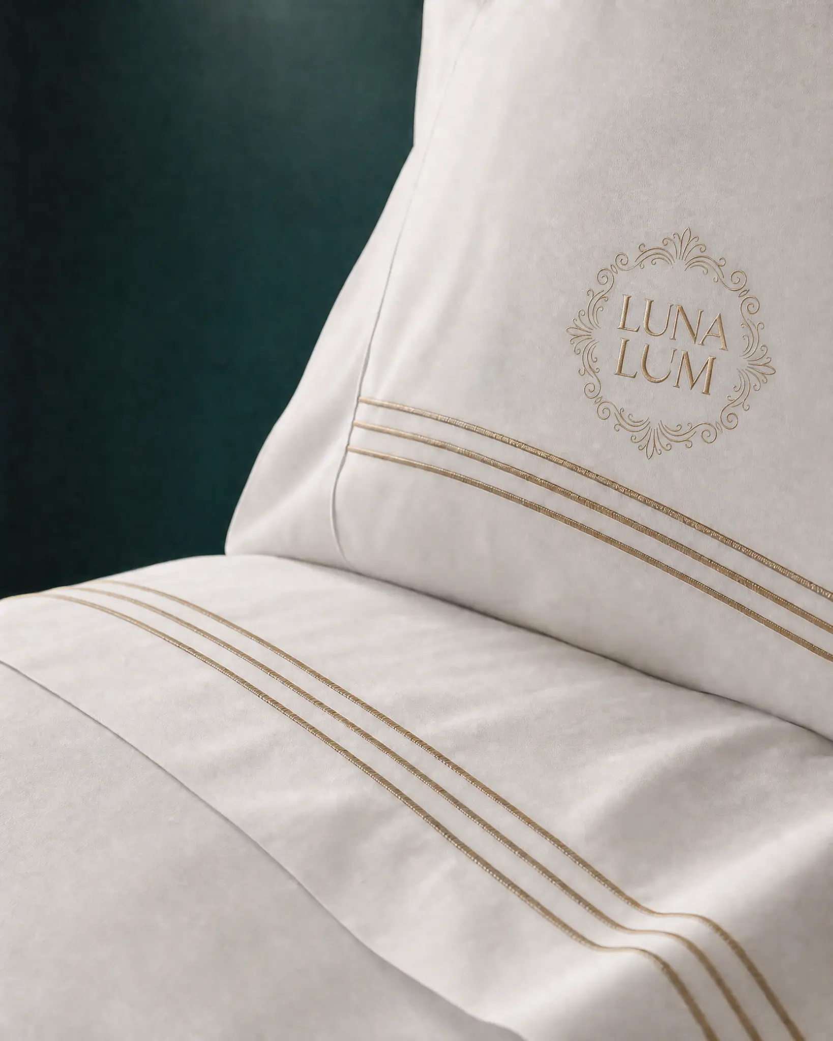 Detalhe de roupa de cama branca com acabamento dourado