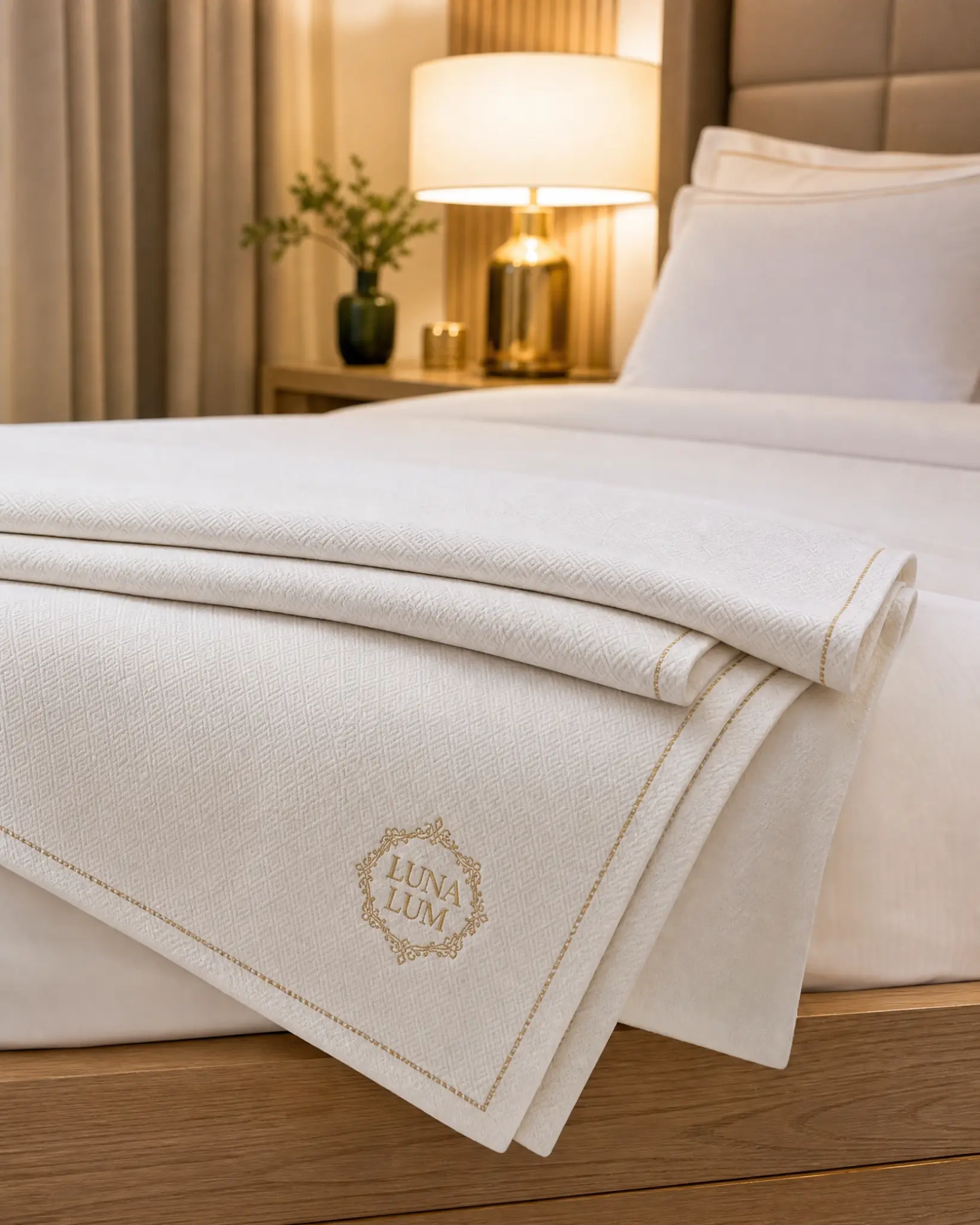 Manta piquet branca com acabamento dourado sobre cama de hotel