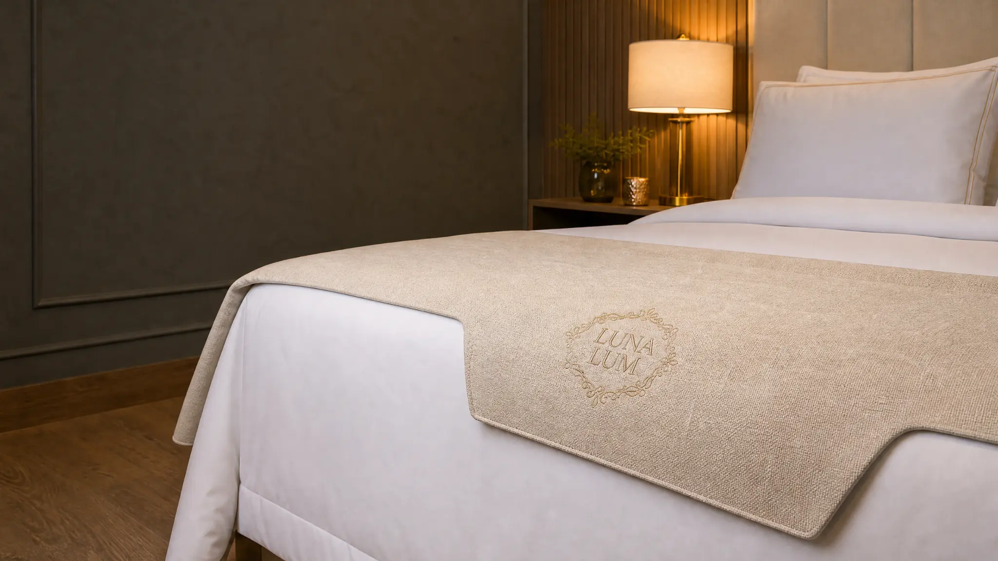 Peseira de tecido estruturado em cama de hotel