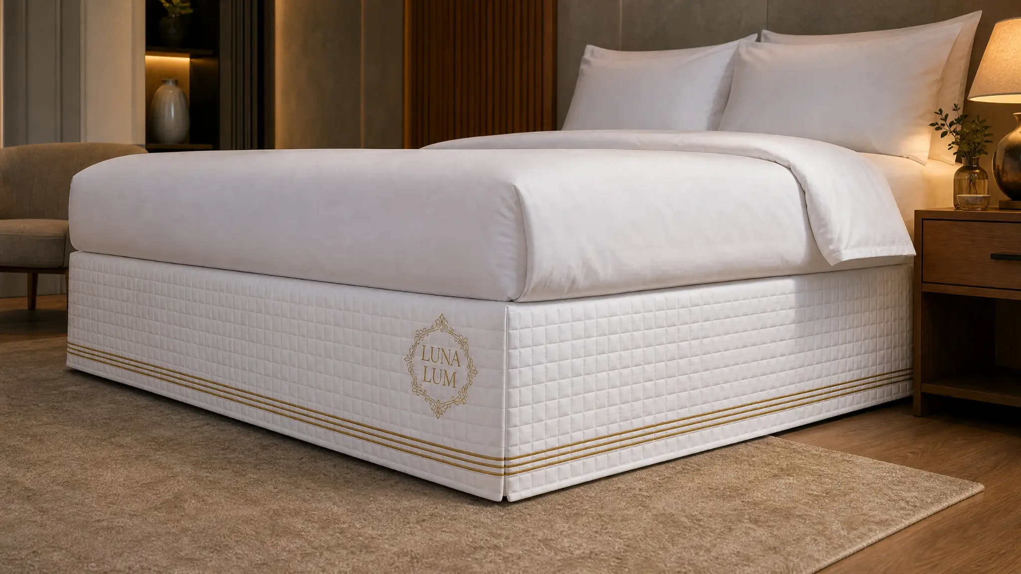 Saia box matelassada branca com acabamento dourado em cama de hotel